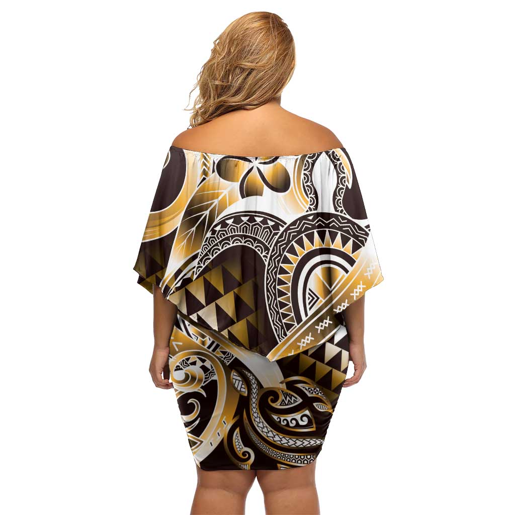 Aloha Gold Tribal Honu Tattoo Family Matching Off Shoulder Short Dress and Hawaiian Shirt