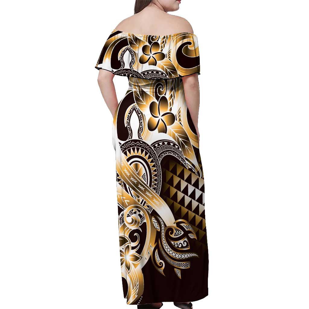 Aloha Gold Tribal Honu Tattoo Off Shoulder Maxi Dress