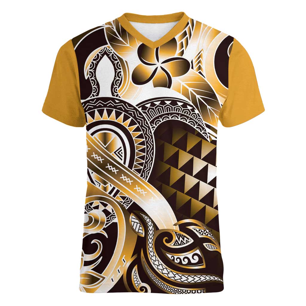 Aloha Gold Tribal Honu Tattoo Women V-Neck T-Shirt