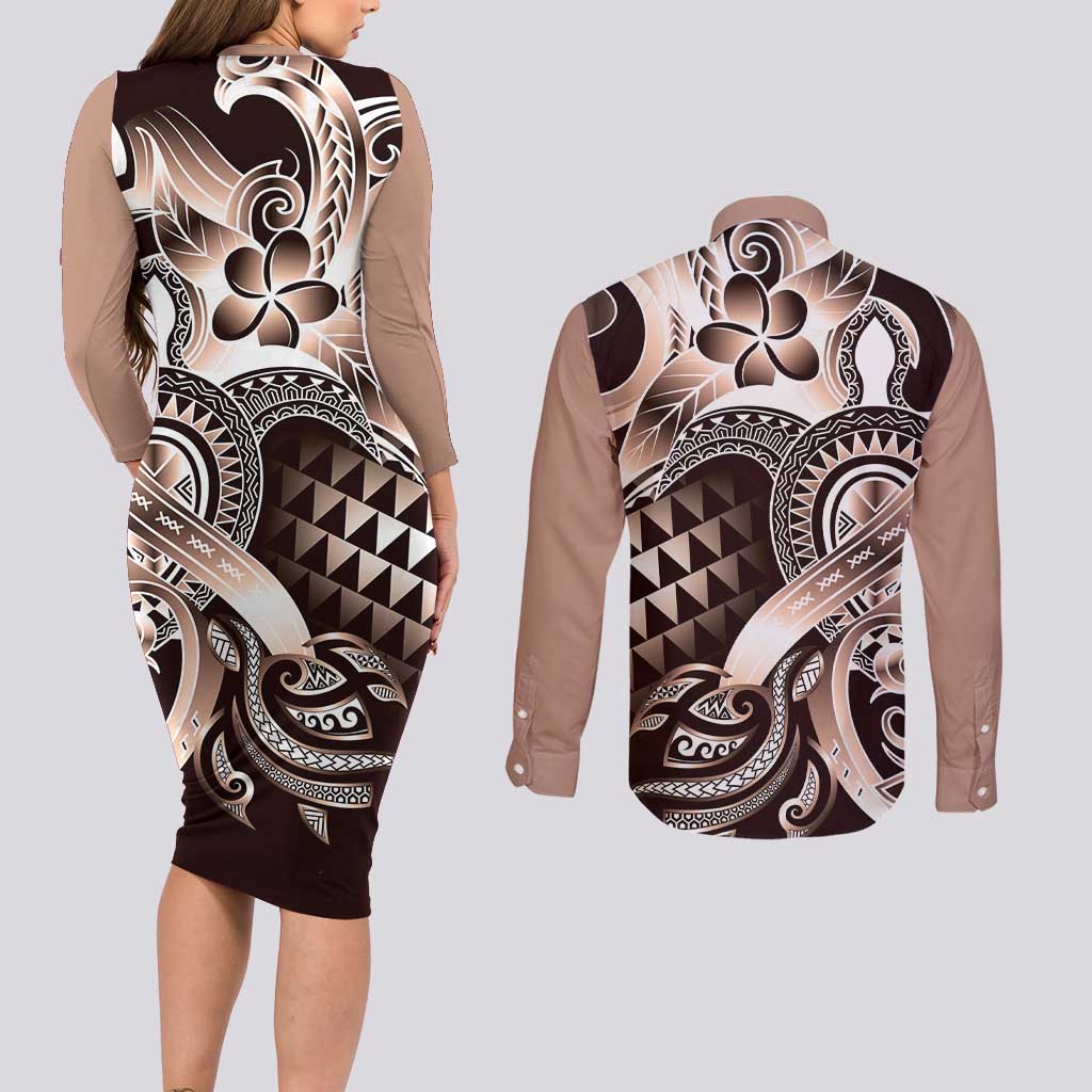 Aloha Mocha Mousse Tribal Honu Tattoo Couples Matching Long Sleeve Bodycon Dress and Long Sleeve Button Shirt