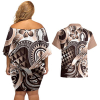 Aloha Mocha Mousse Tribal Honu Tattoo Couples Matching Off Shoulder Short Dress and Hawaiian Shirt