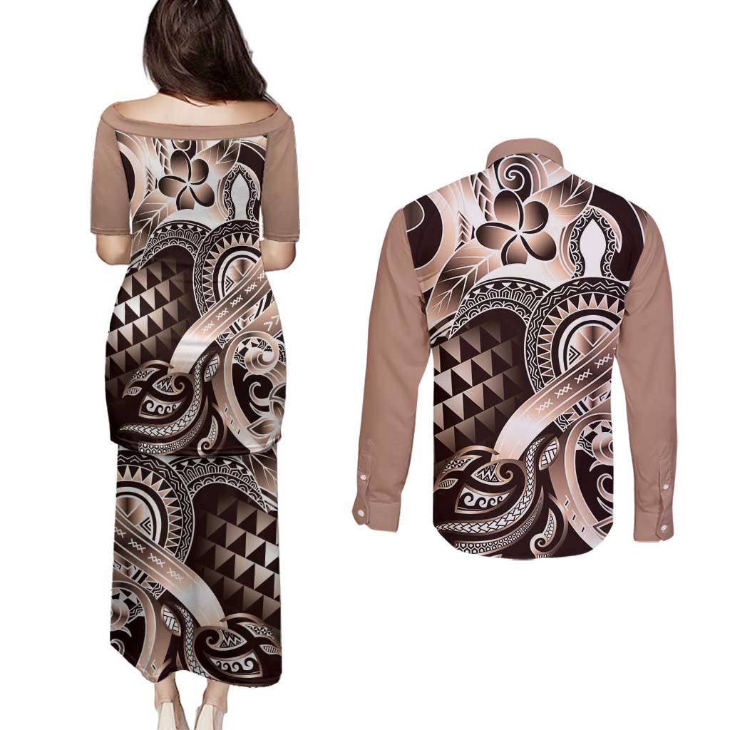 Aloha Mocha Mousse Tribal Honu Tattoo Couples Matching Puletasi and Long Sleeve Button Shirt