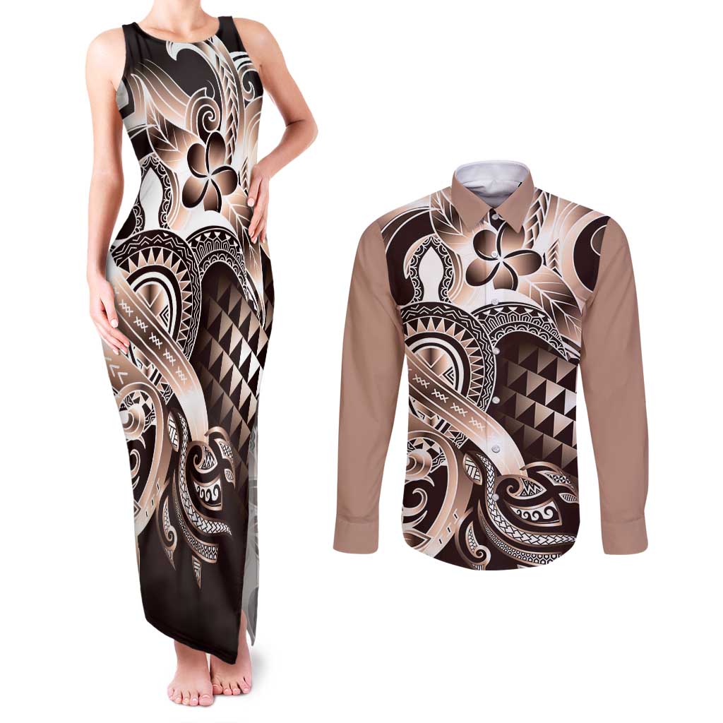 Aloha Mocha Mousse Tribal Honu Tattoo Couples Matching Tank Maxi Dress and Long Sleeve Button Shirt