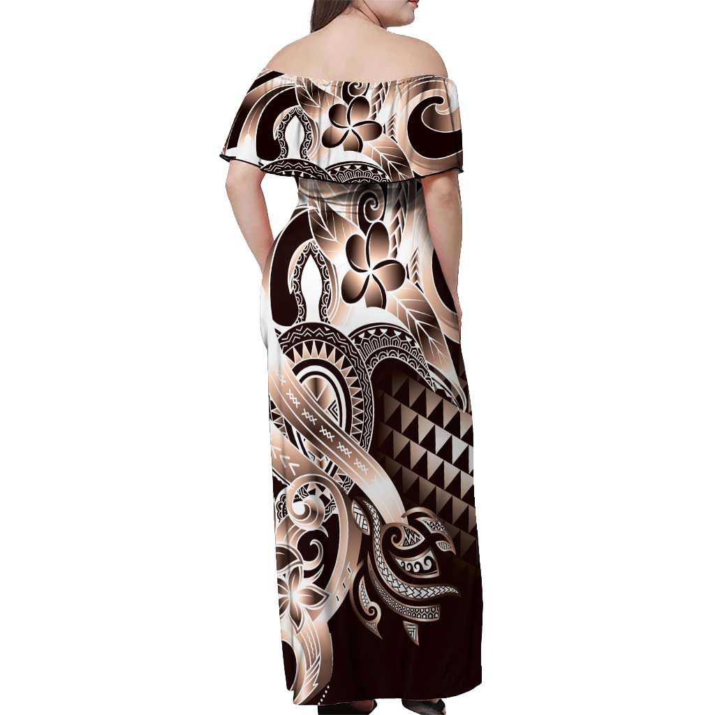 Aloha Mocha Mousse Tribal Honu Tattoo Off Shoulder Maxi Dress