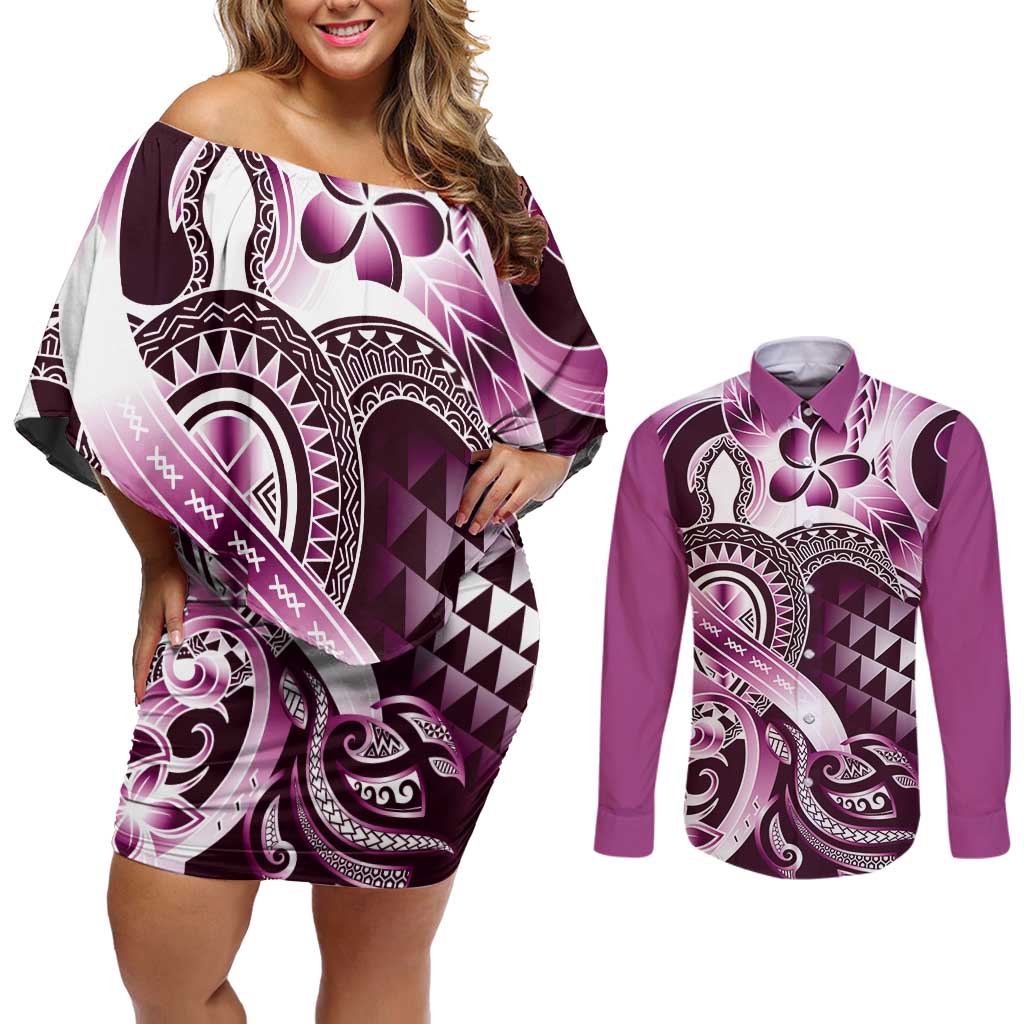 Aloha Pink Tribal Honu Tattoo Couples Matching Off Shoulder Short Dress and Long Sleeve Button Shirt