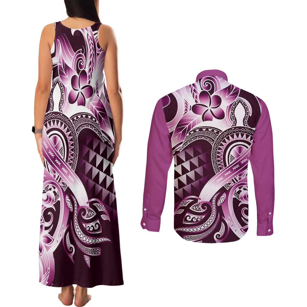 Aloha Pink Tribal Honu Tattoo Couples Matching Tank Maxi Dress and Long Sleeve Button Shirt