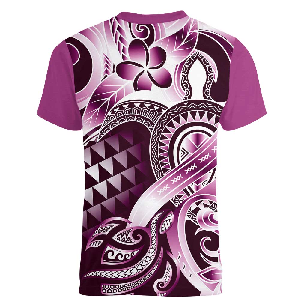 Aloha Pink Tribal Honu Tattoo Women V-Neck T-Shirt