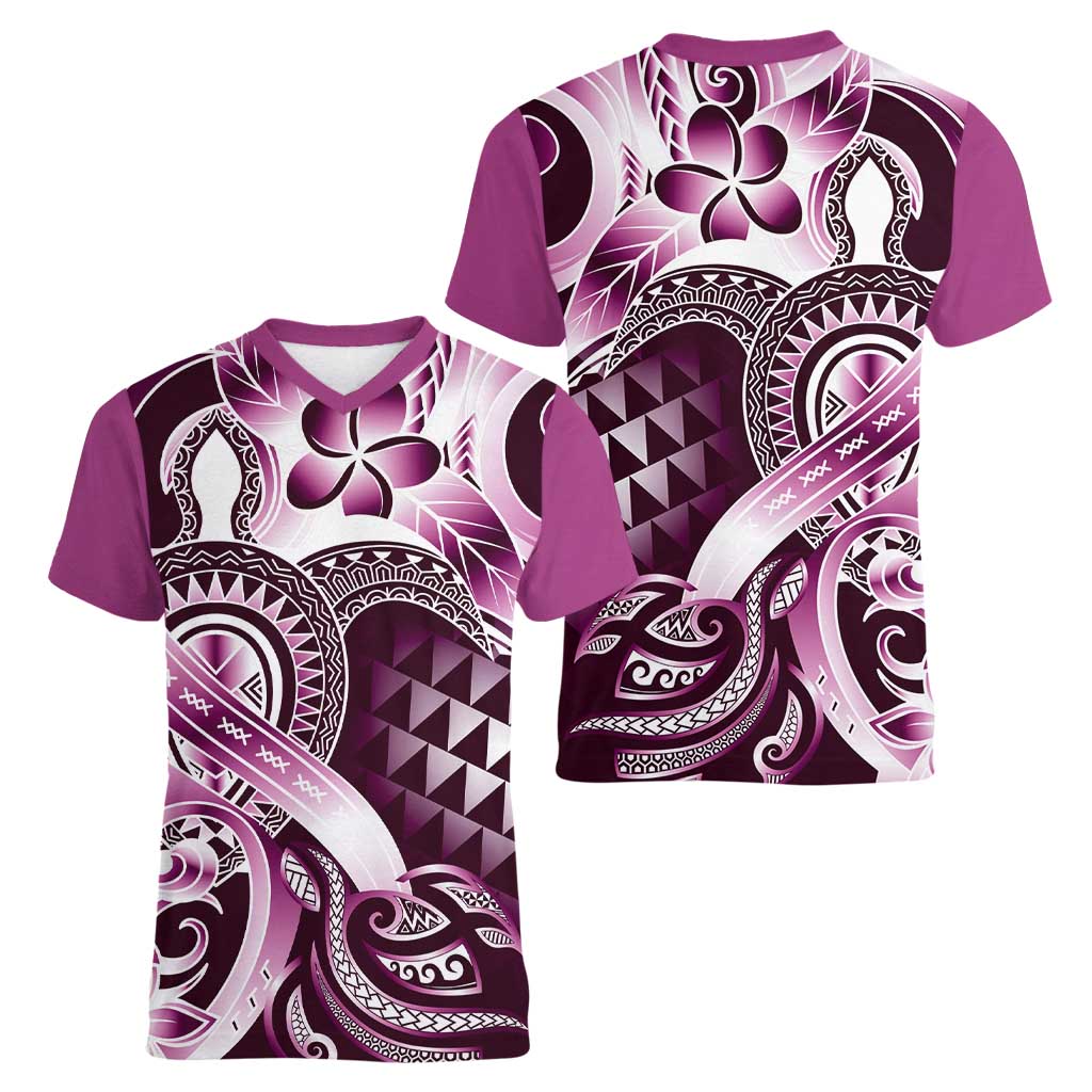 Aloha Pink Tribal Honu Tattoo Women V-Neck T-Shirt