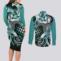 Aloha Turquoise Tribal Honu Tattoo Couples Matching Long Sleeve Bodycon Dress and Long Sleeve Button Shirt