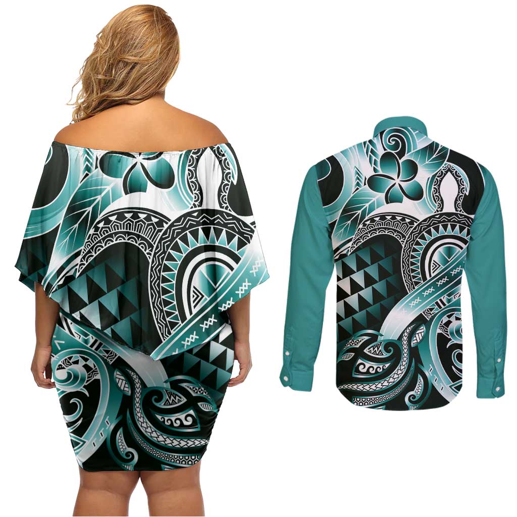 Aloha Turquoise Tribal Honu Tattoo Couples Matching Off Shoulder Short Dress and Long Sleeve Button Shirt