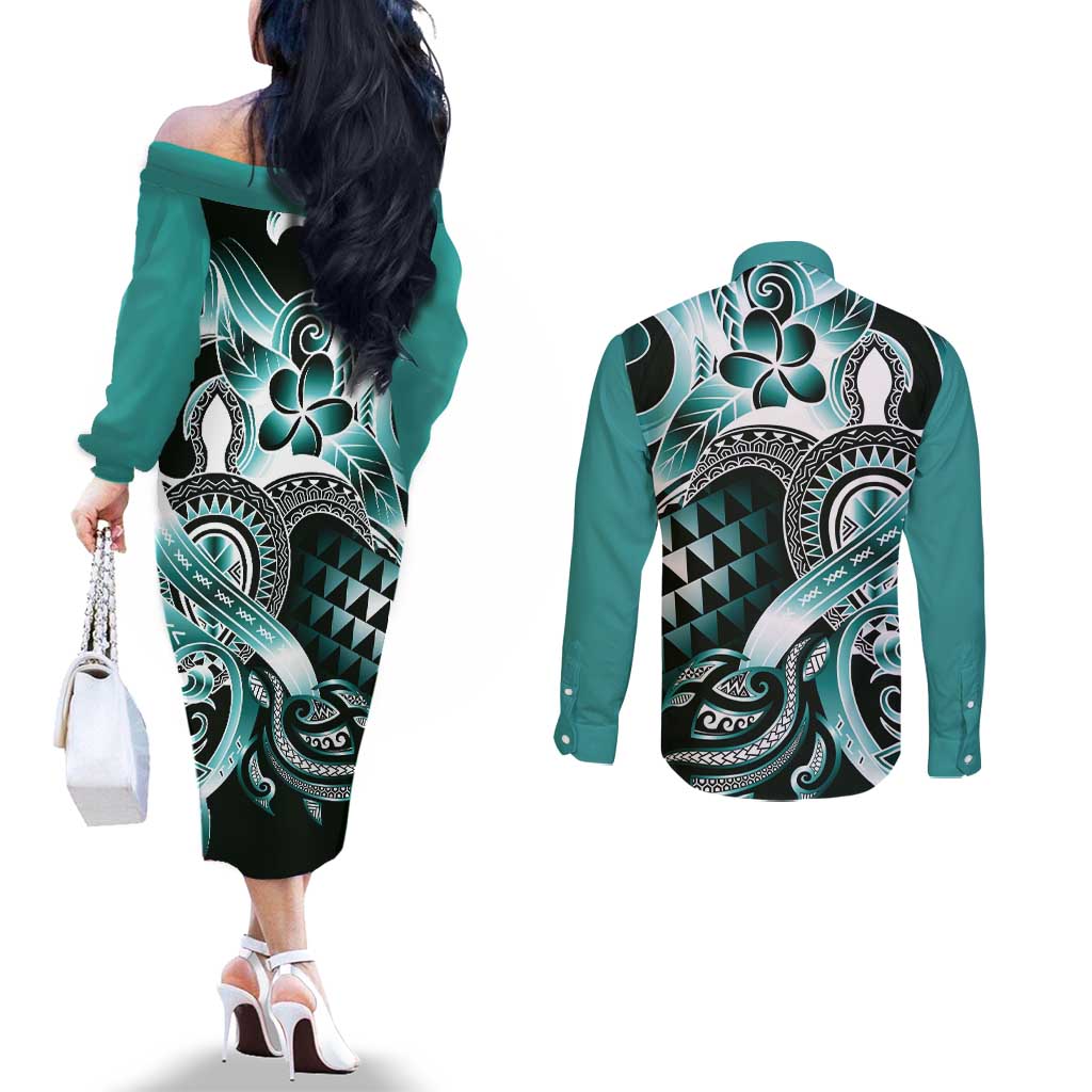 Aloha Turquoise Tribal Honu Tattoo Couples Matching Off The Shoulder Long Sleeve Dress and Long Sleeve Button Shirt