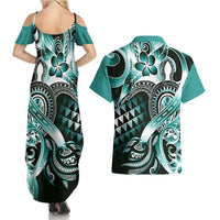 Aloha Turquoise Tribal Honu Tattoo Couples Matching Summer Maxi Dress and Hawaiian Shirt