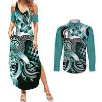 Aloha Turquoise Tribal Honu Tattoo Couples Matching Summer Maxi Dress and Long Sleeve Button Shirt