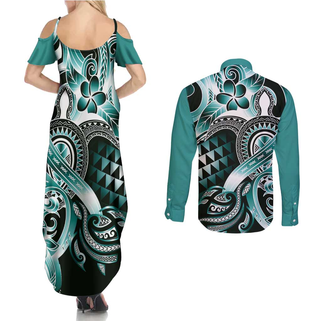 Aloha Turquoise Tribal Honu Tattoo Couples Matching Summer Maxi Dress and Long Sleeve Button Shirt