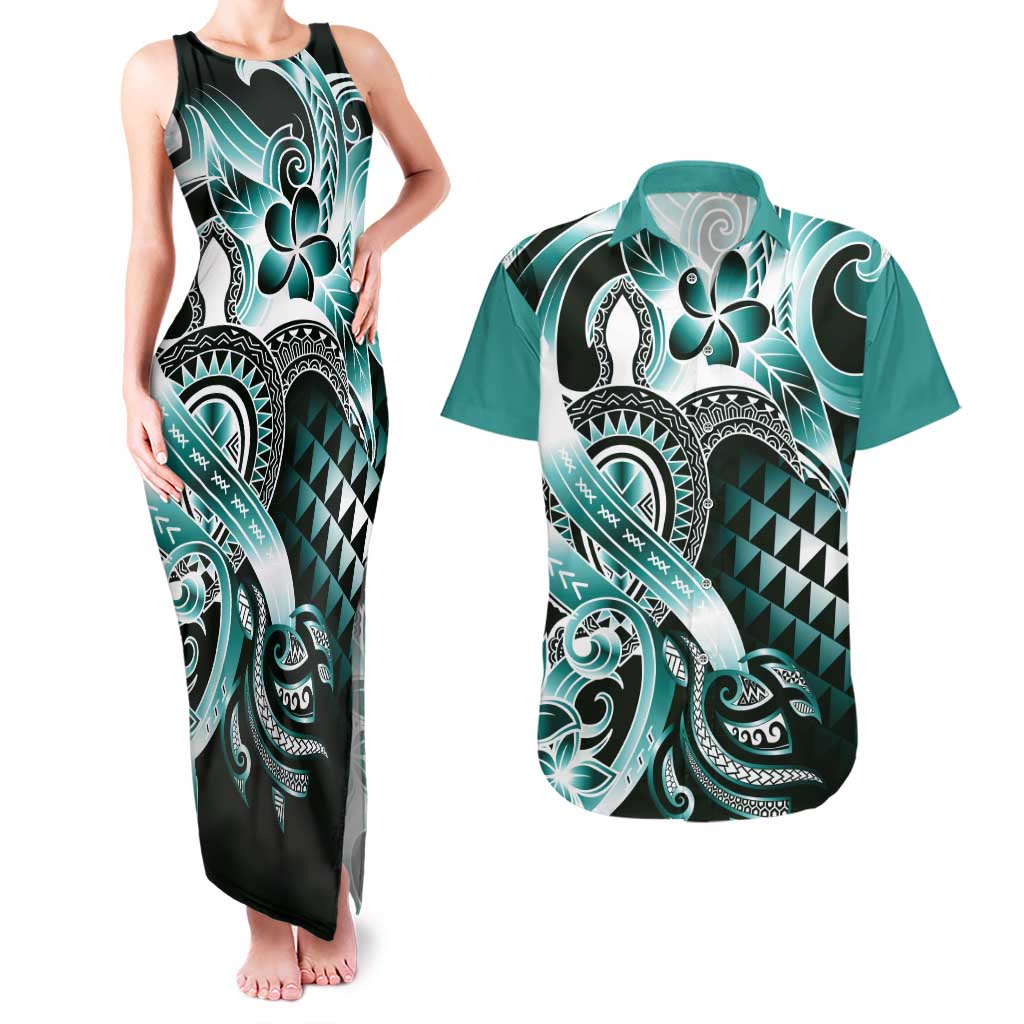 Aloha Turquoise Tribal Honu Tattoo Couples Matching Tank Maxi Dress and Hawaiian Shirt
