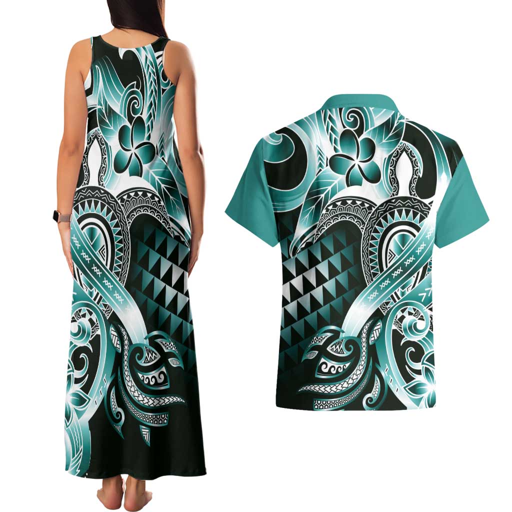 Aloha Turquoise Tribal Honu Tattoo Couples Matching Tank Maxi Dress and Hawaiian Shirt