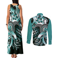 Aloha Turquoise Tribal Honu Tattoo Couples Matching Tank Maxi Dress and Long Sleeve Button Shirt