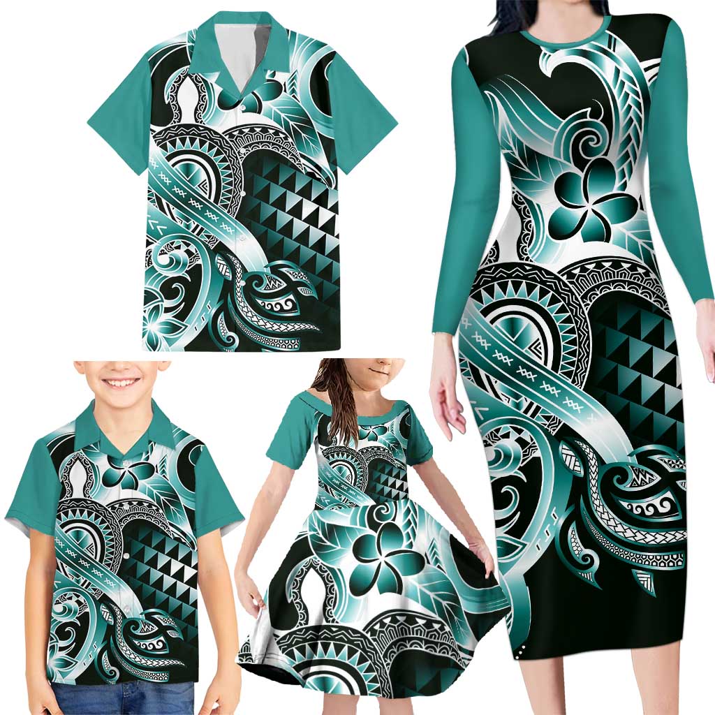 Aloha Turquoise Tribal Honu Tattoo Family Matching Long Sleeve Bodycon Dress and Hawaiian Shirt