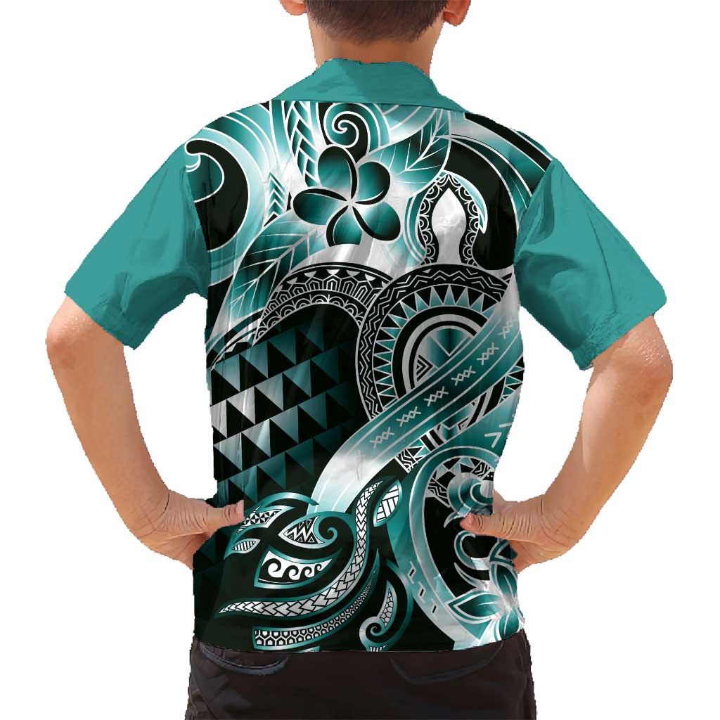 Aloha Turquoise Tribal Honu Tattoo Family Matching Off Shoulder Short Dress and Hawaiian Shirt