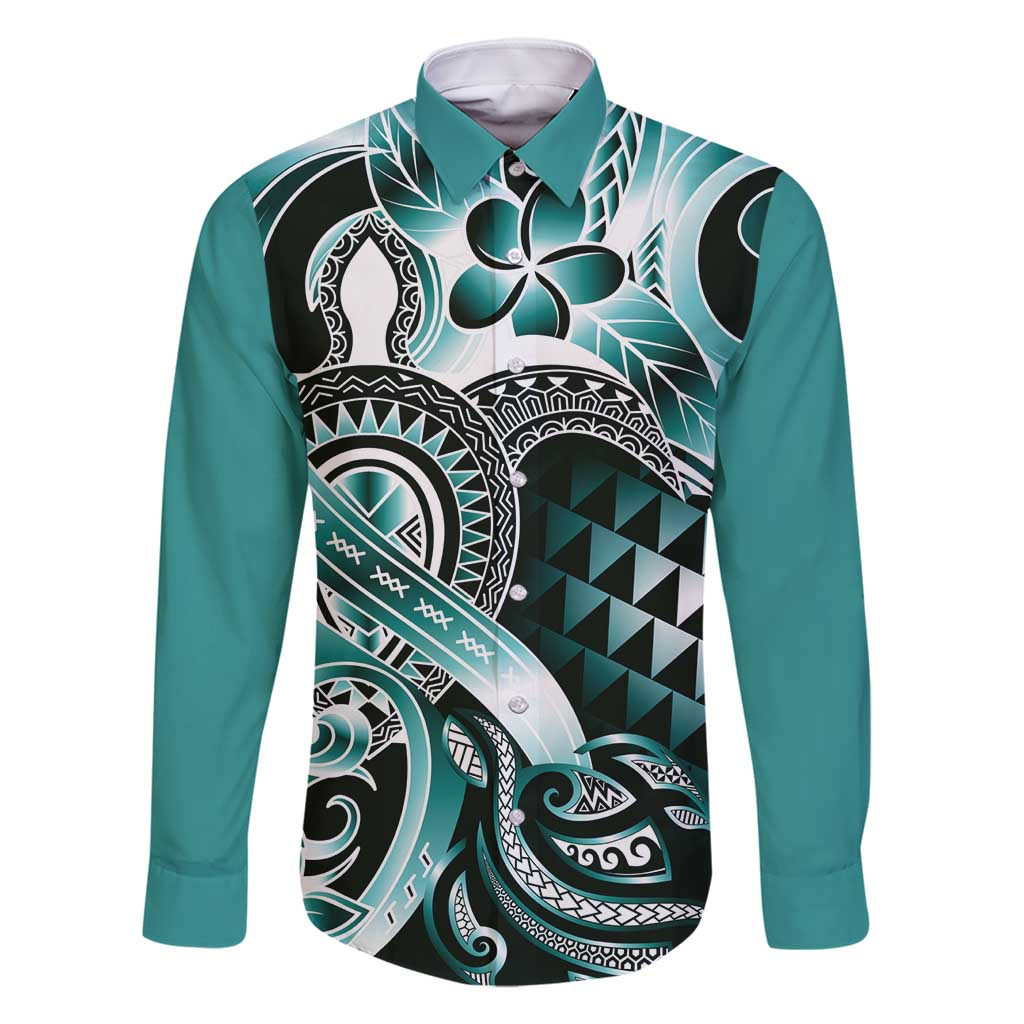 Aloha Turquoise Tribal Honu Tattoo Family Matching Off Shoulder Short Dress and Hawaiian Shirt