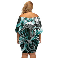 Aloha Turquoise Tribal Honu Tattoo Family Matching Off Shoulder Short Dress and Hawaiian Shirt