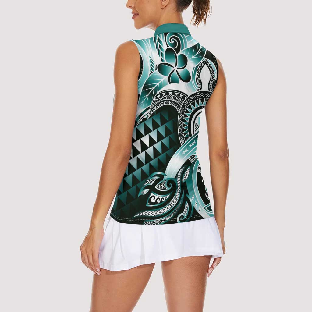 Aloha Turquoise Tribal Honu Tattoo Women Sleeveless Polo Shirt