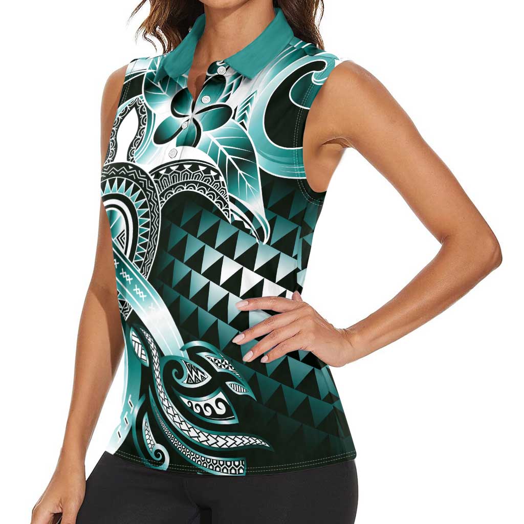 Aloha Turquoise Tribal Honu Tattoo Women Sleeveless Polo Shirt