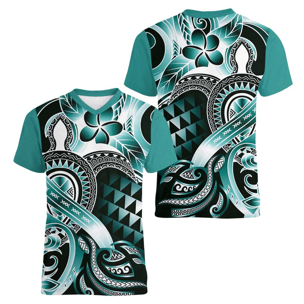 Aloha Turquoise Tribal Honu Tattoo Women V-Neck T-Shirt