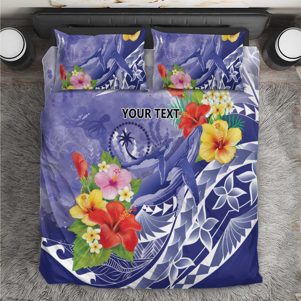 Personalised Chuuk States Humpback Whale Bedding Set Polynesian Tropical Flowers LT9 Blue - Polynesian Pride