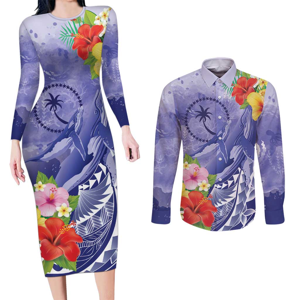 Personalised Chuuk States Humpback Whale Couples Matching Long Sleeve Bodycon Dress and Long Sleeve Button Shirt Polynesian Tropical Flowers LT9 Blue - Polynesian Pride