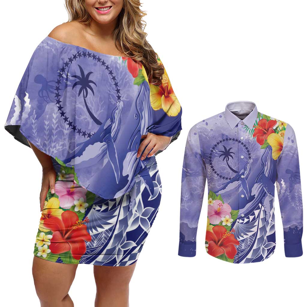 Personalised Chuuk States Humpback Whale Couples Matching Off Shoulder Short Dress and Long Sleeve Button Shirt Polynesian Tropical Flowers LT9 Blue - Polynesian Pride