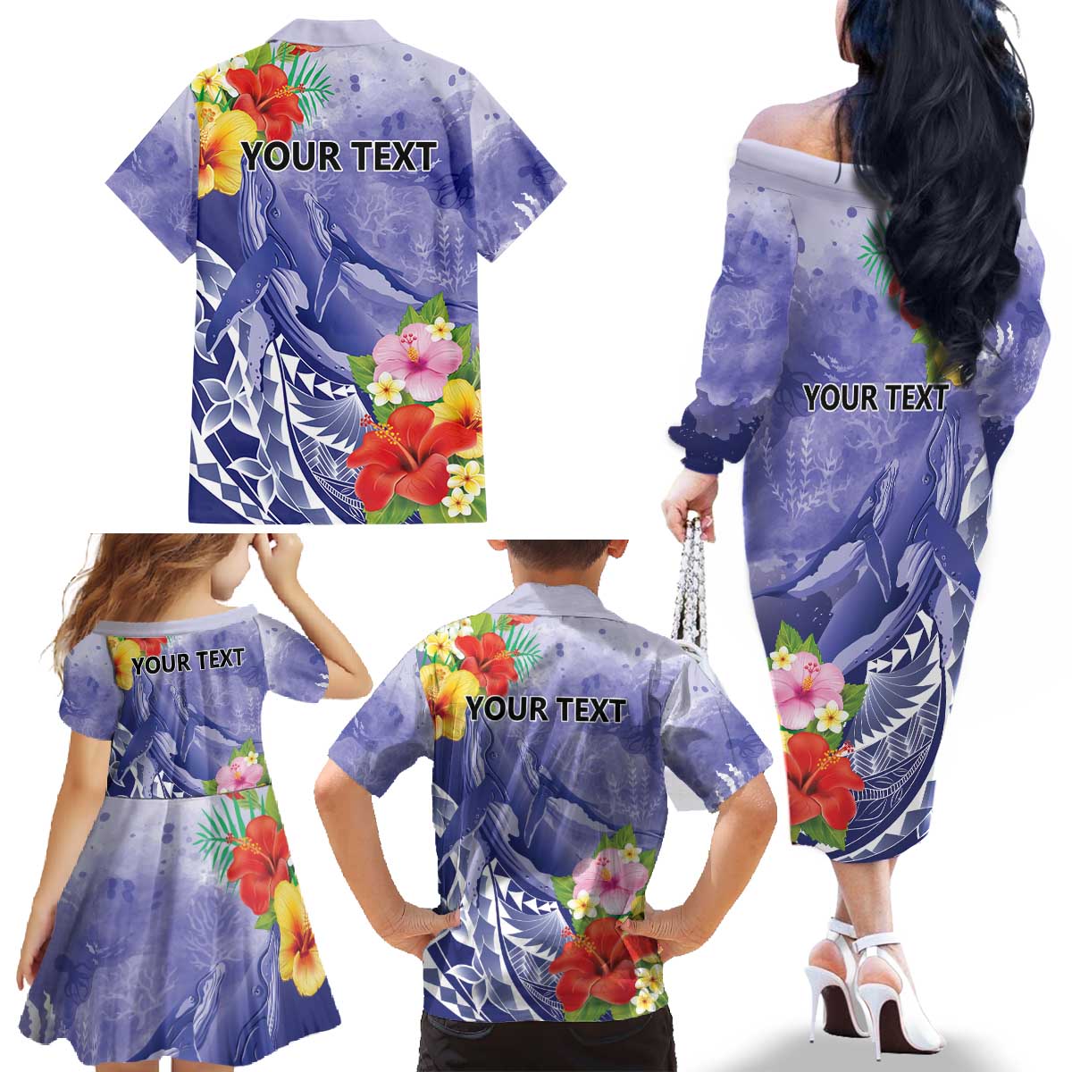 Personalised Chuuk States Humpback Whale Family Matching Off The Shoulder Long Sleeve Dress and Hawaiian Shirt Polynesian Tropical Flowers