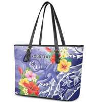 Personalised Chuuk States Humpback Whale Leather Tote Bag Polynesian Tropical Flowers