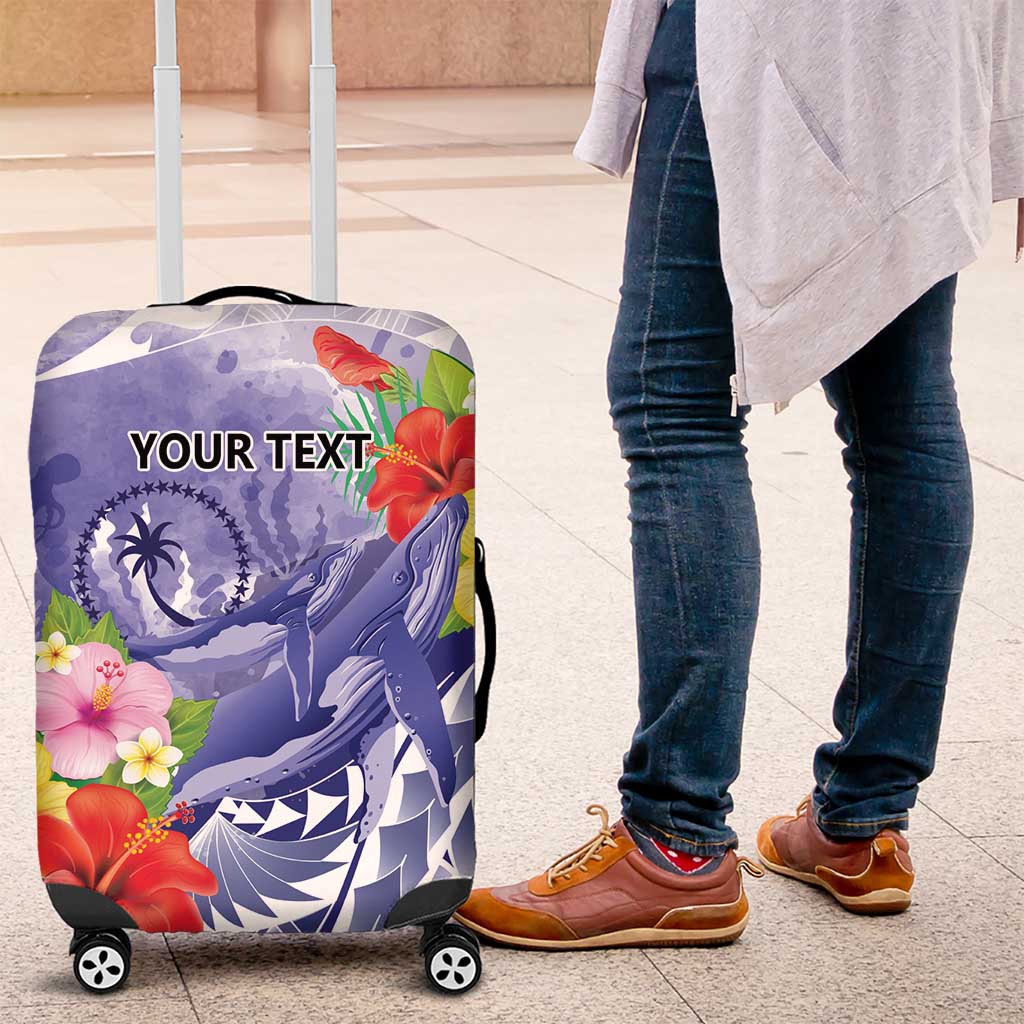 Personalised Chuuk States Humpback Whale Luggage Cover Polynesian Tropical Flowers LT9 Blue - Polynesian Pride