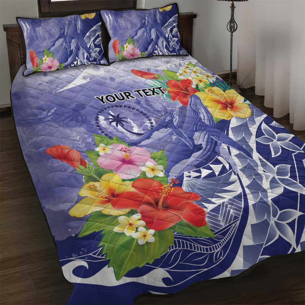 Personalised Chuuk States Humpback Whale Quilt Bed Set Polynesian Tropical Flowers LT9 Blue - Polynesian Pride