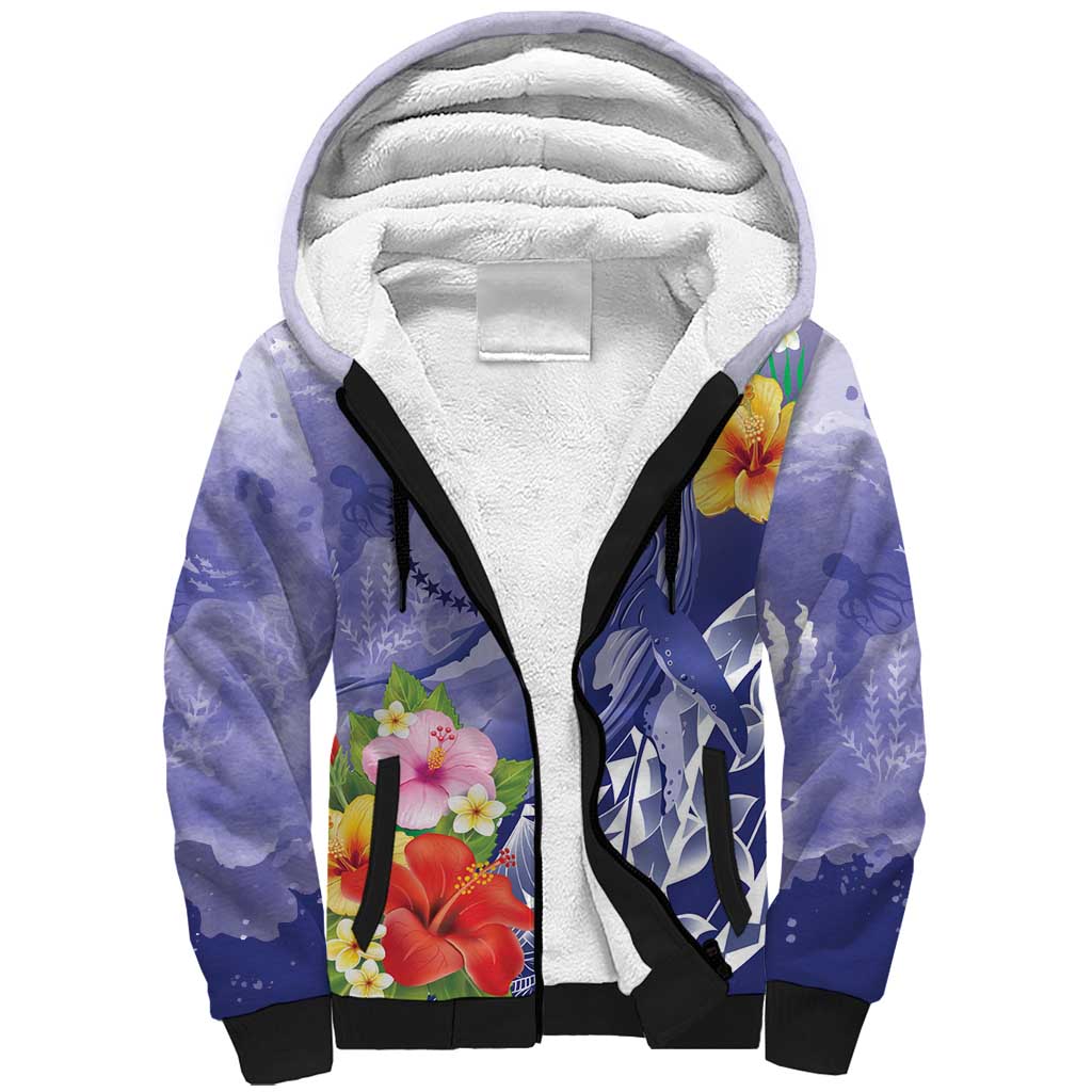 Personalised Chuuk States Humpback Whale Sherpa Hoodie Polynesian Tropical Flowers LT9 Unisex Blue - Polynesian Pride