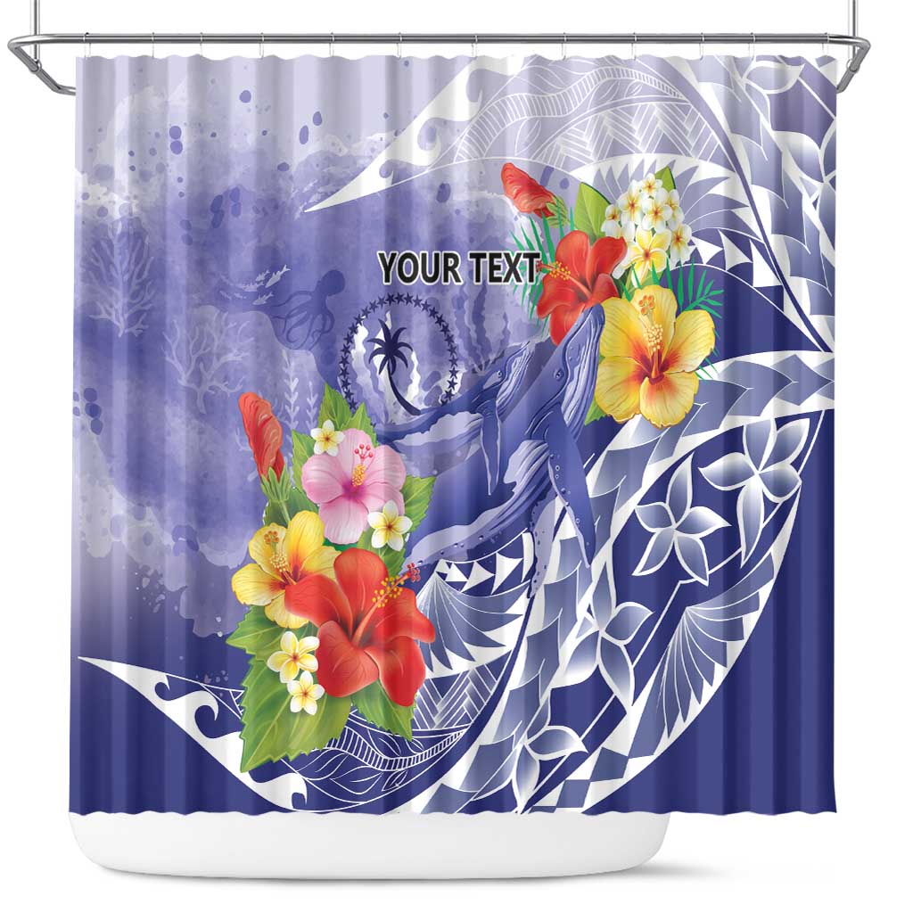 Personalised Chuuk States Humpback Whale Shower Curtain Polynesian Tropical Flowers LT9 Blue - Polynesian Pride