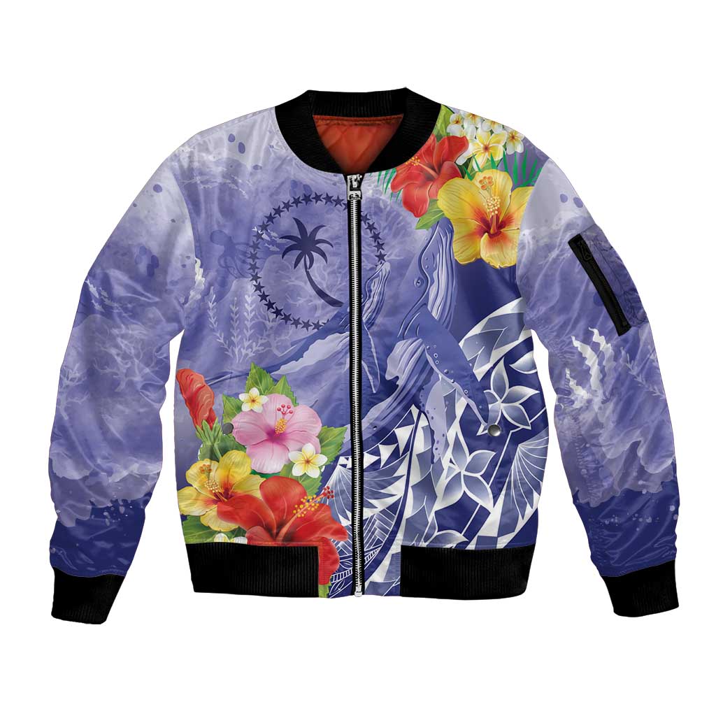 Personalised Chuuk States Humpback Whale Sleeve Zip Bomber Jacket Polynesian Tropical Flowers LT9 Unisex Blue - Polynesian Pride