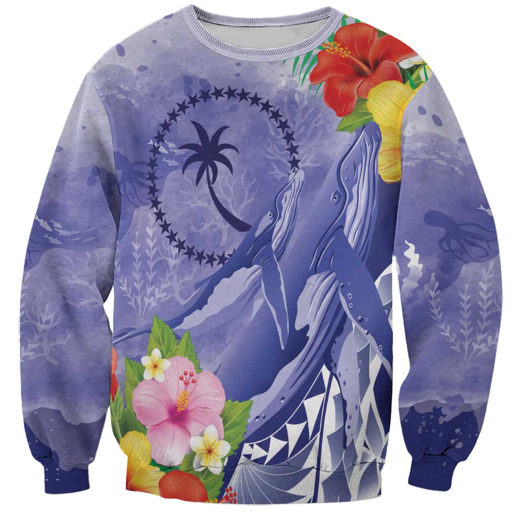 Personalised Chuuk States Humpback Whale Sweatshirt Polynesian Tropical Flowers LT9 Unisex Blue - Polynesian Pride