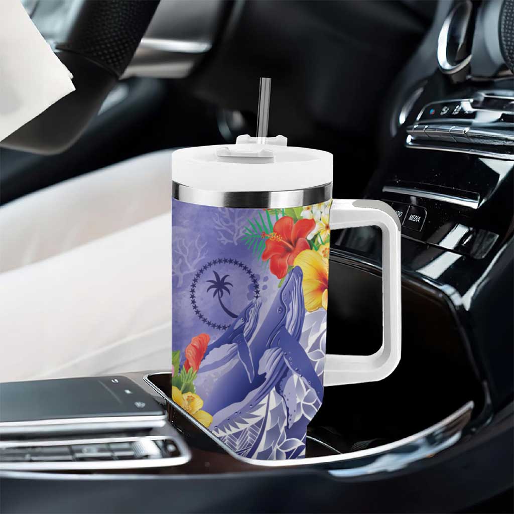 Personalised Chuuk States Humpback Whale Tumbler With Handle Polynesian Tropical Flowers LT9 - Polynesian Pride