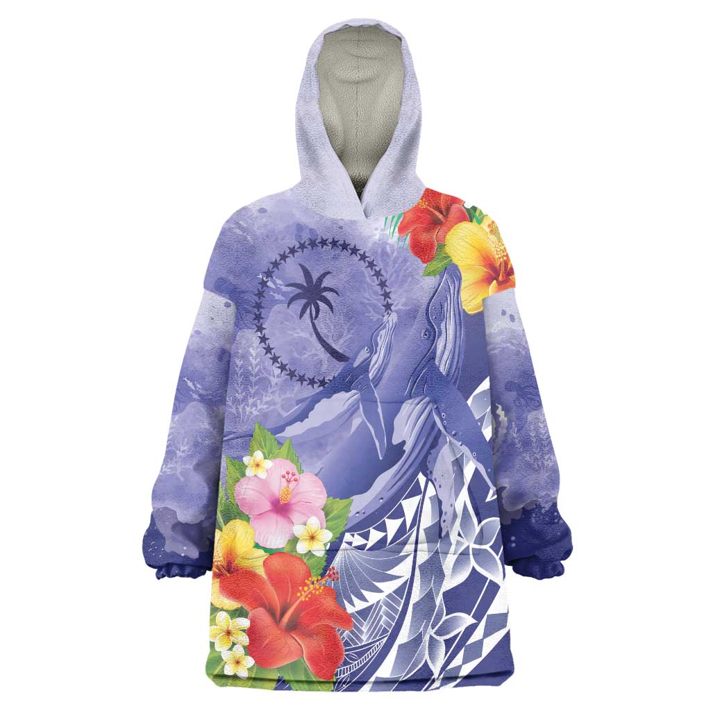 Personalised Chuuk States Humpback Whale Wearable Blanket Hoodie Polynesian Tropical Flowers LT9 One Size Blue - Polynesian Pride