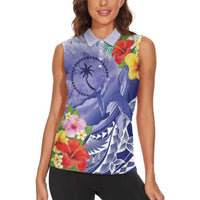 Personalised Chuuk States Humpback Whale Women Sleeveless Polo Shirt Polynesian Tropical Flowers