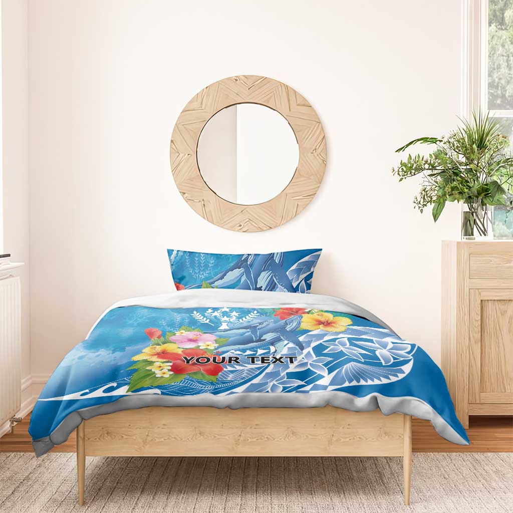 Personalised Kosrae States Humpback Whale Bedding Set Polynesian Tropical Flowers