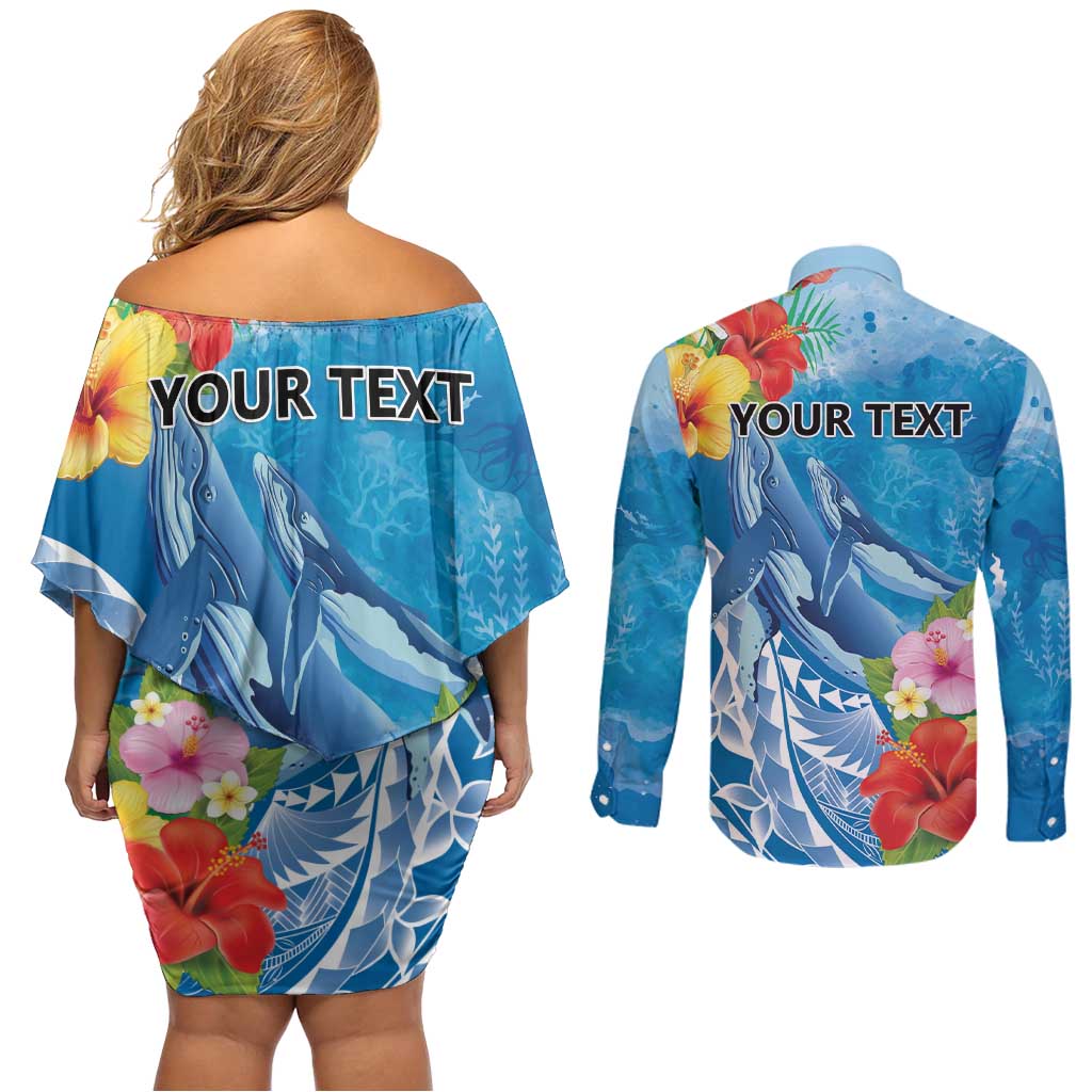 Personalised Kosrae States Humpback Whale Couples Matching Off Shoulder Short Dress and Long Sleeve Button Shirt Polynesian Tropical Flowers
