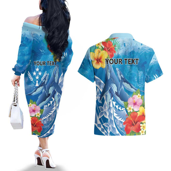 FSM Kosrae States Couples Matching Off Shoulder Short Dress and Long Sleeve Button Shirts Micronesia Vintage Polynesian Tribal Aqua Version LT9 main image 1