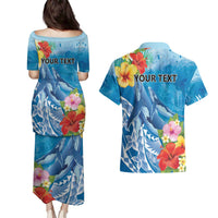 Personalised Kosrae States Humpback Whale Couples Matching Puletasi and Hawaiian Shirt Polynesian Tropical Flowers