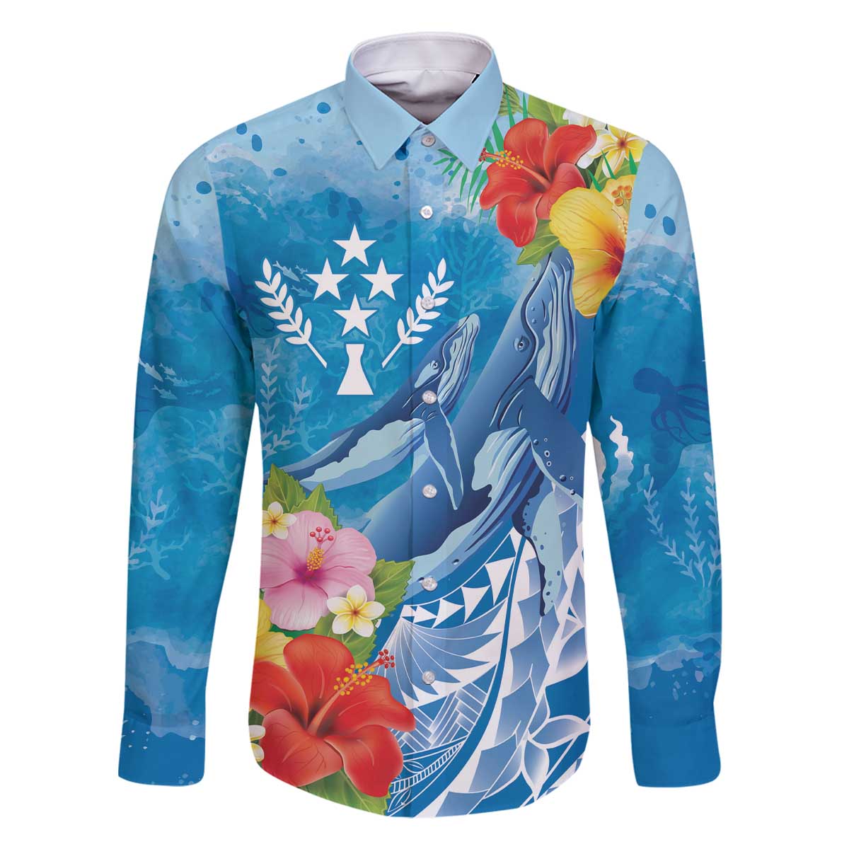 Personalised Kosrae States Humpback Whale Family Matching Off The Shoulder Long Sleeve Dress and Hawaiian Shirt Polynesian Tropical Flowers