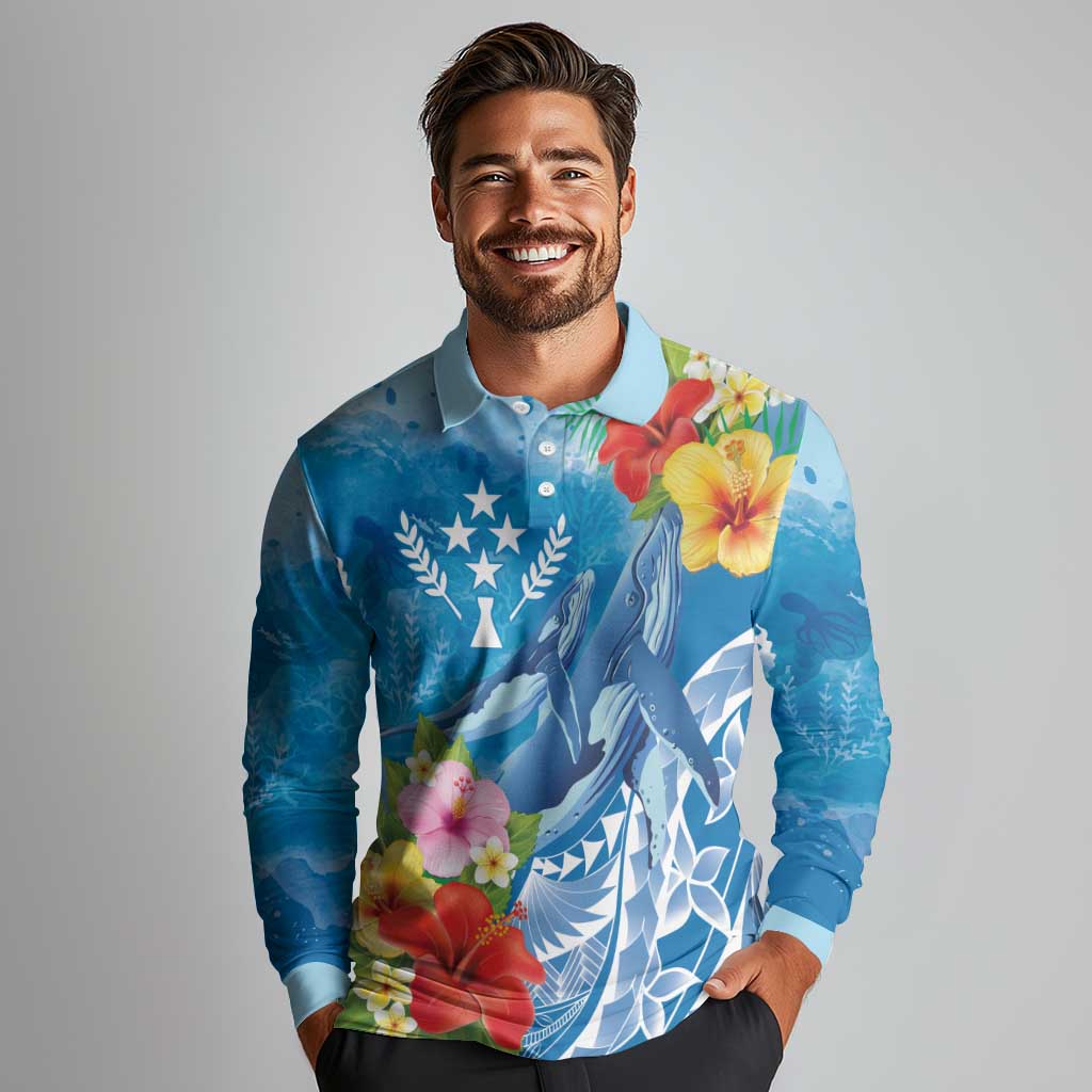 Personalised Kosrae States Humpback Whale Long Sleeve Polo Shirt Polynesian Tropical Flowers