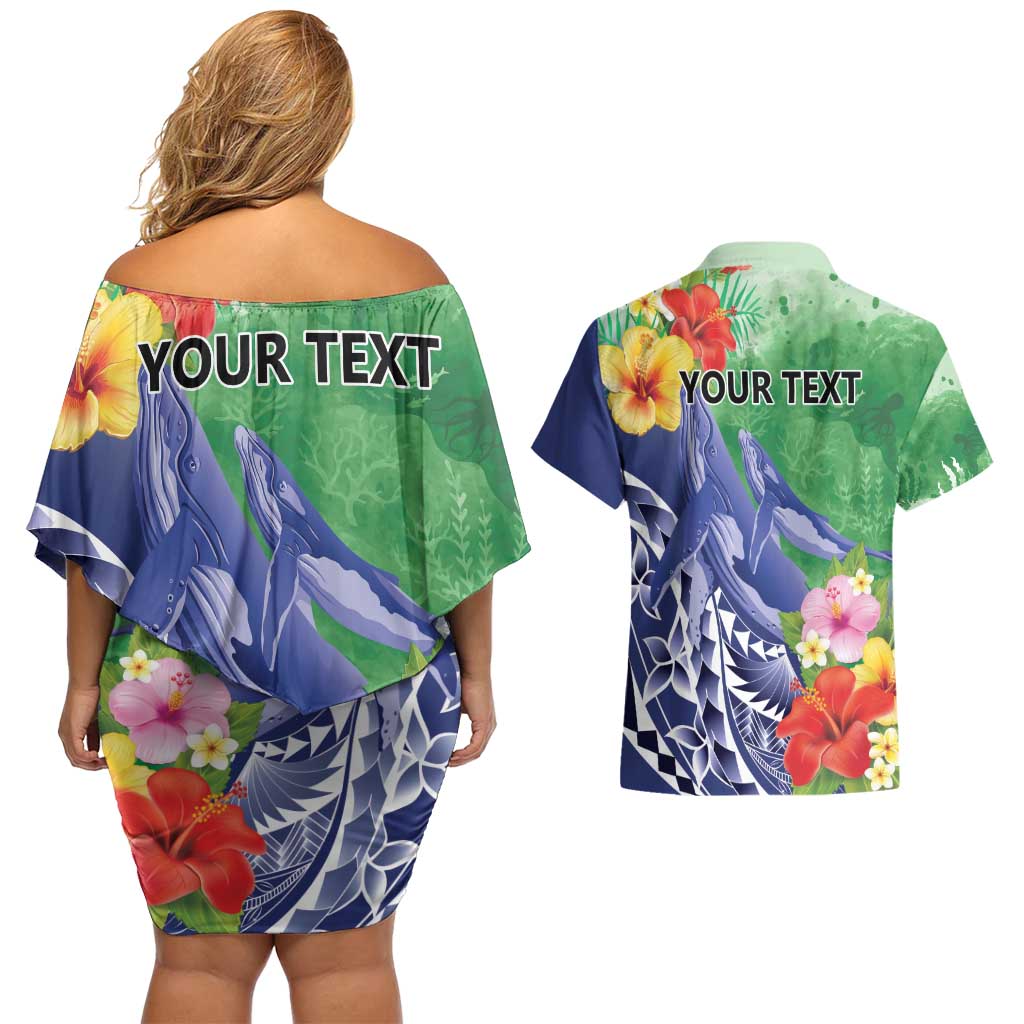 Personalised Pohnpei States Humpback Whale Couples Matching Off Shoulder Short Dress and Hawaiian Shirt Polynesian Tropical Flowers