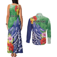 Personalised Pohnpei States Humpback Whale Couples Matching Tank Maxi Dress and Long Sleeve Button Shirt Polynesian Tropical Flowers